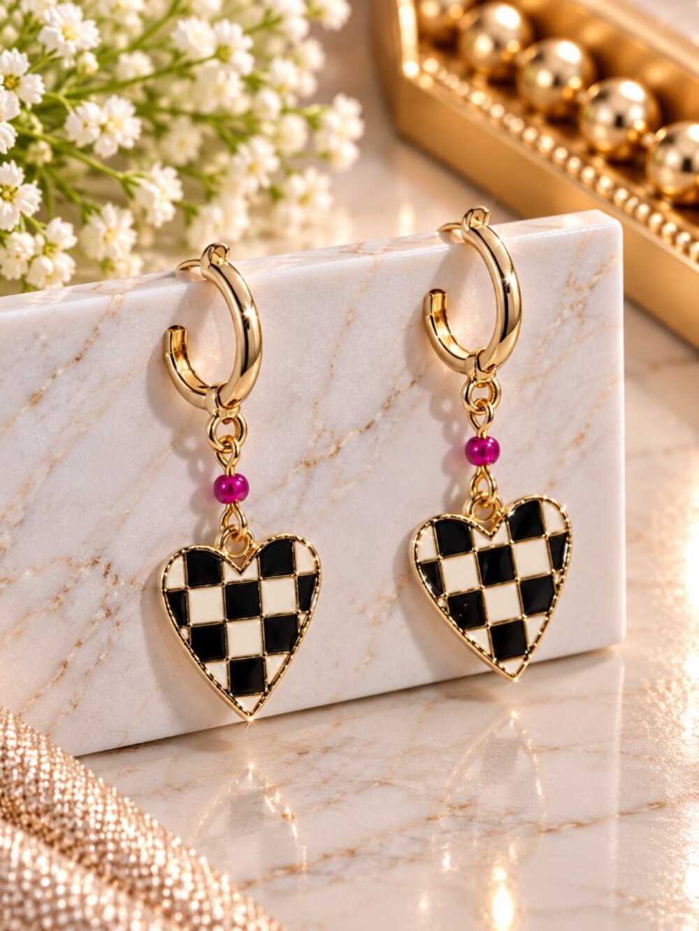 Addison & Olivia Checkerboard Heart Drop Earrings Gold - Women's Fashion Jewelry